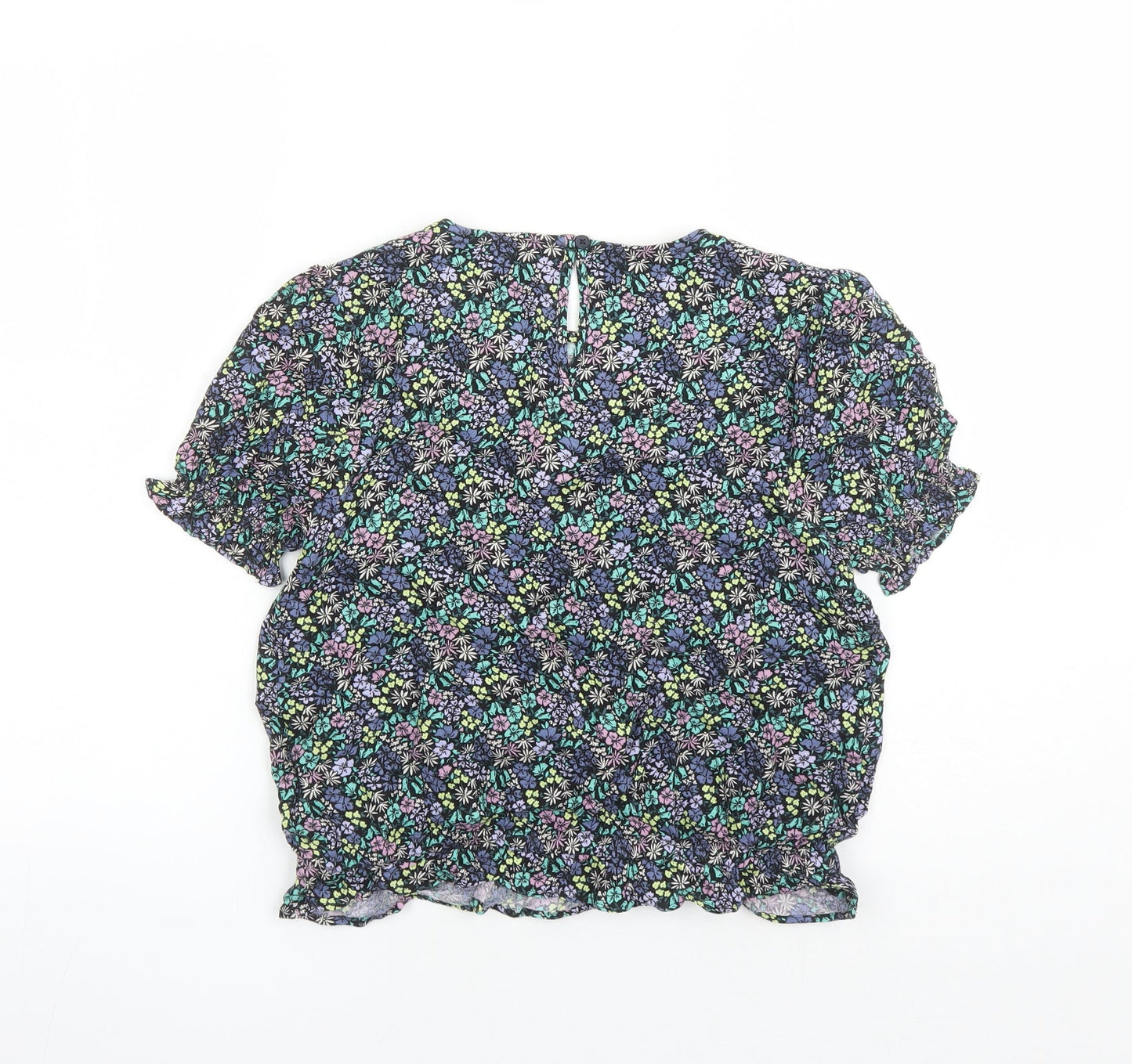 Marks and Spencer Girls Black Floral Viscose Basic Blouse Size 13-14 Years Round Neck Button