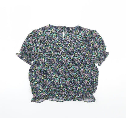 Marks and Spencer Girls Black Floral Viscose Basic Blouse Size 13-14 Years Round Neck Button