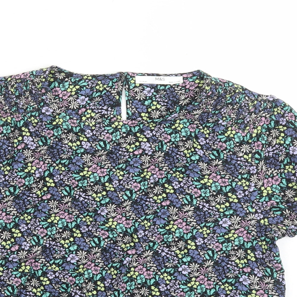 Marks and Spencer Girls Black Floral Viscose Basic Blouse Size 13-14 Years Round Neck Button