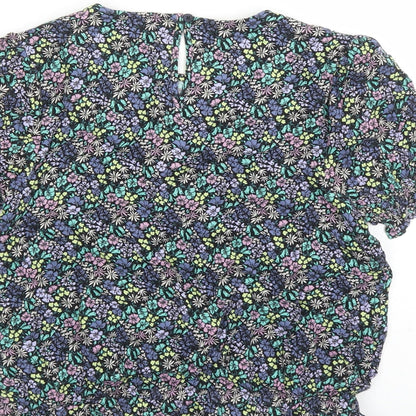 Marks and Spencer Girls Black Floral Viscose Basic Blouse Size 13-14 Years Round Neck Button