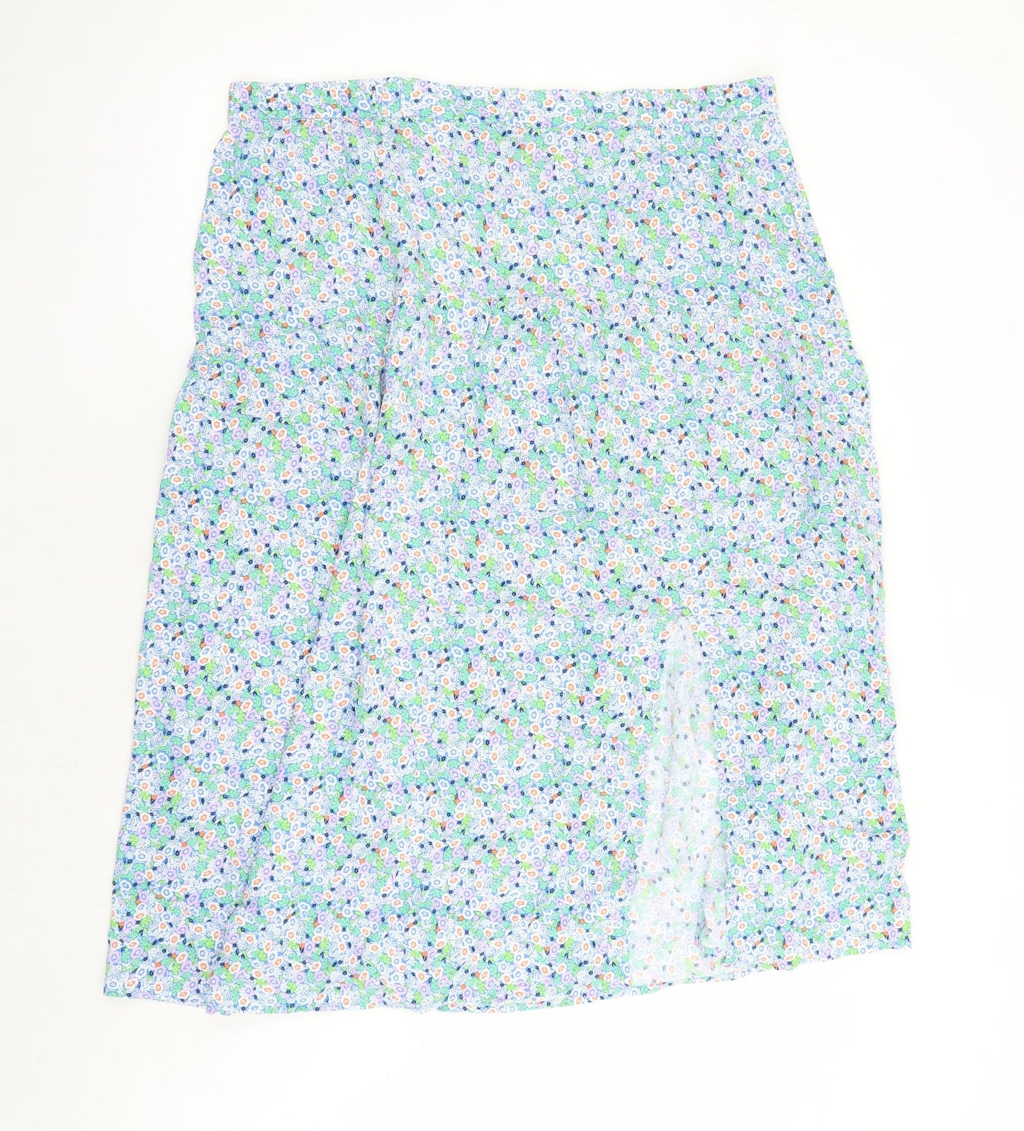 Marks and Spencer Womens Blue Floral Viscose Swing Skirt Size 20 - Elasticated Waist Side Split Detail