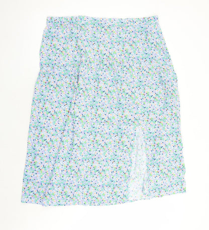 Marks and Spencer Womens Blue Floral Viscose Swing Skirt Size 20 - Elasticated Waist Side Split Detail