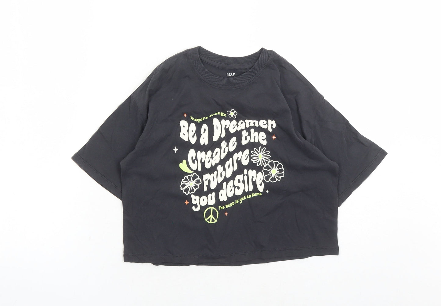 Marks and Spencer Girls Grey Cotton Cropped T-Shirt Size 6-7 Years Crew Neck Pullover - Be A Dreamer