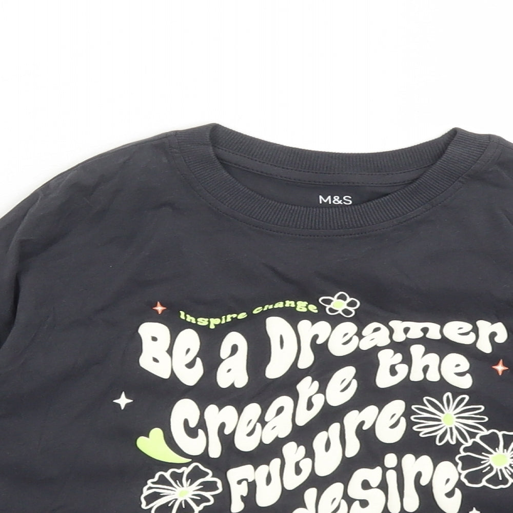 Marks and Spencer Girls Grey Cotton Cropped T-Shirt Size 6-7 Years Crew Neck Pullover - Be A Dreamer