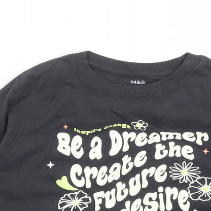 Marks and Spencer Girls Grey Cotton Cropped T-Shirt Size 6-7 Years Crew Neck Pullover - Be A Dreamer