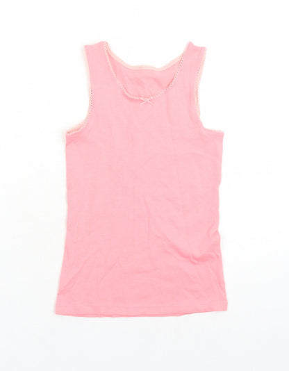 Marks and Spencer Girls Pink 100% Cotton Basic Tank Size 6-7 Years Round Neck Pullover - Bow Detail