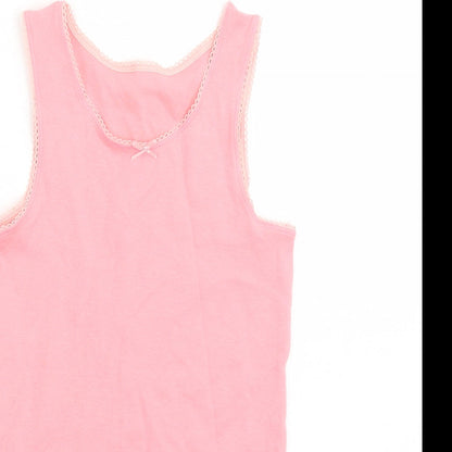Marks and Spencer Girls Pink 100% Cotton Basic Tank Size 6-7 Years Round Neck Pullover - Bow Detail