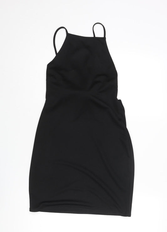 Missguided Womens Black Polyester Mini Size 10 Square Neck Lace Up - Open Back Pom Pom