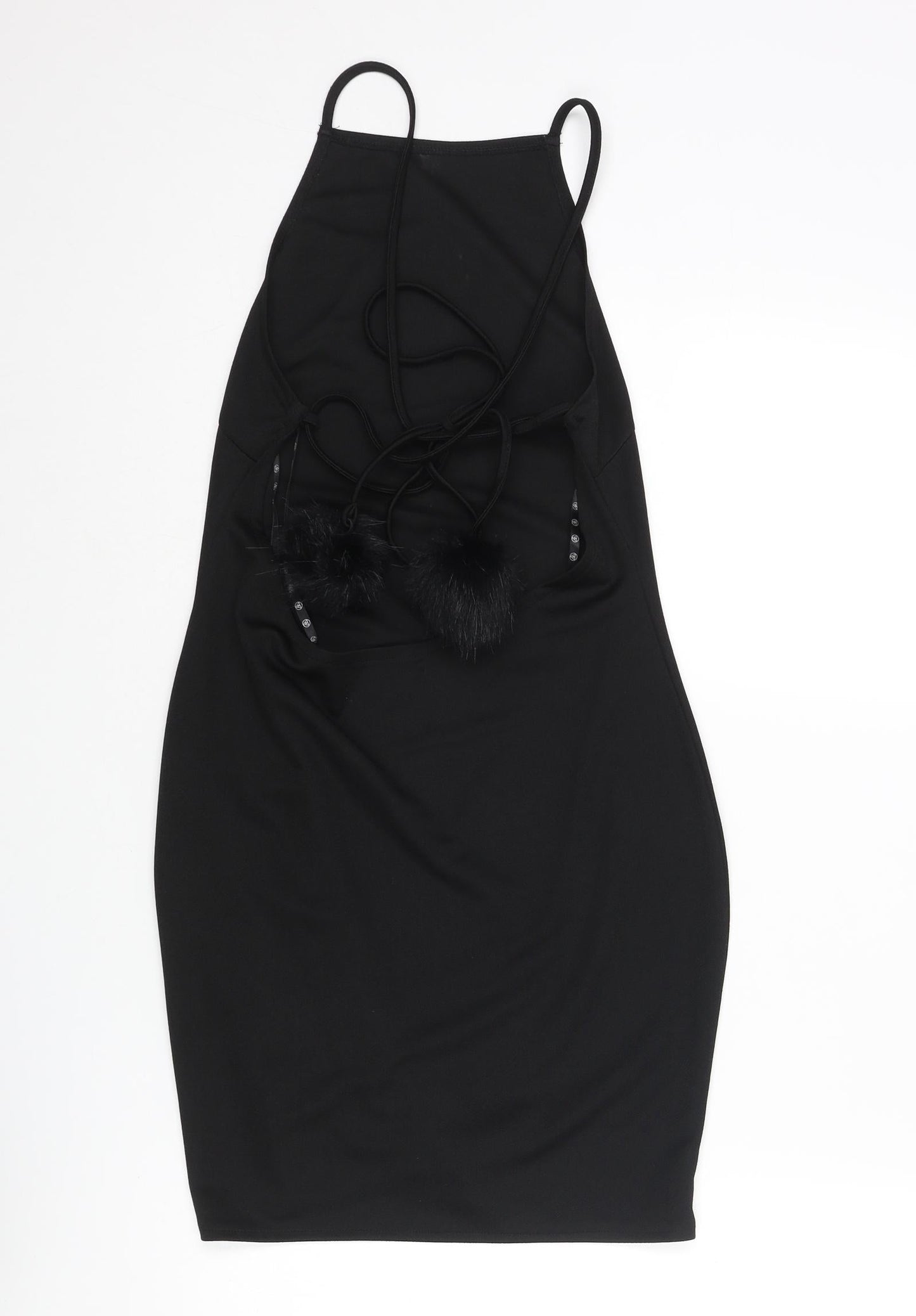 Missguided Womens Black Polyester Mini Size 10 Square Neck Lace Up - Open Back Pom Pom
