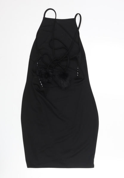 Missguided Womens Black Polyester Mini Size 10 Square Neck Lace Up - Open Back Pom Pom