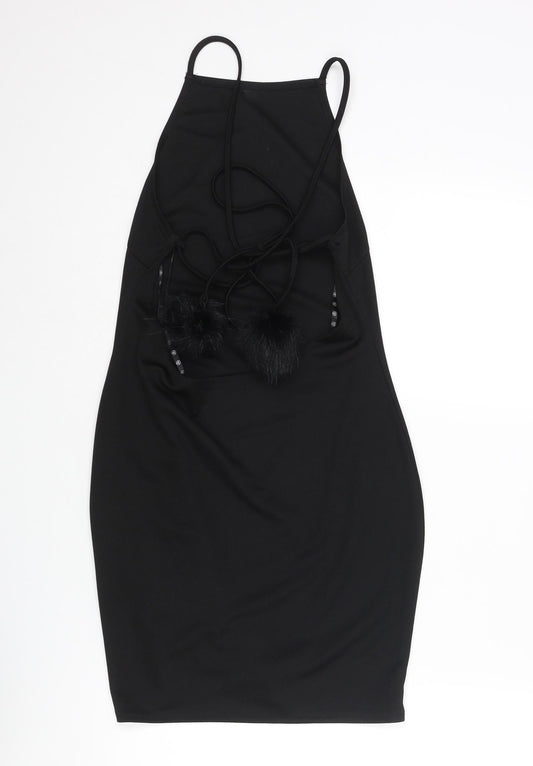 Missguided Womens Black Polyester Mini Size 10 Square Neck Lace Up - Open Back Pom Pom