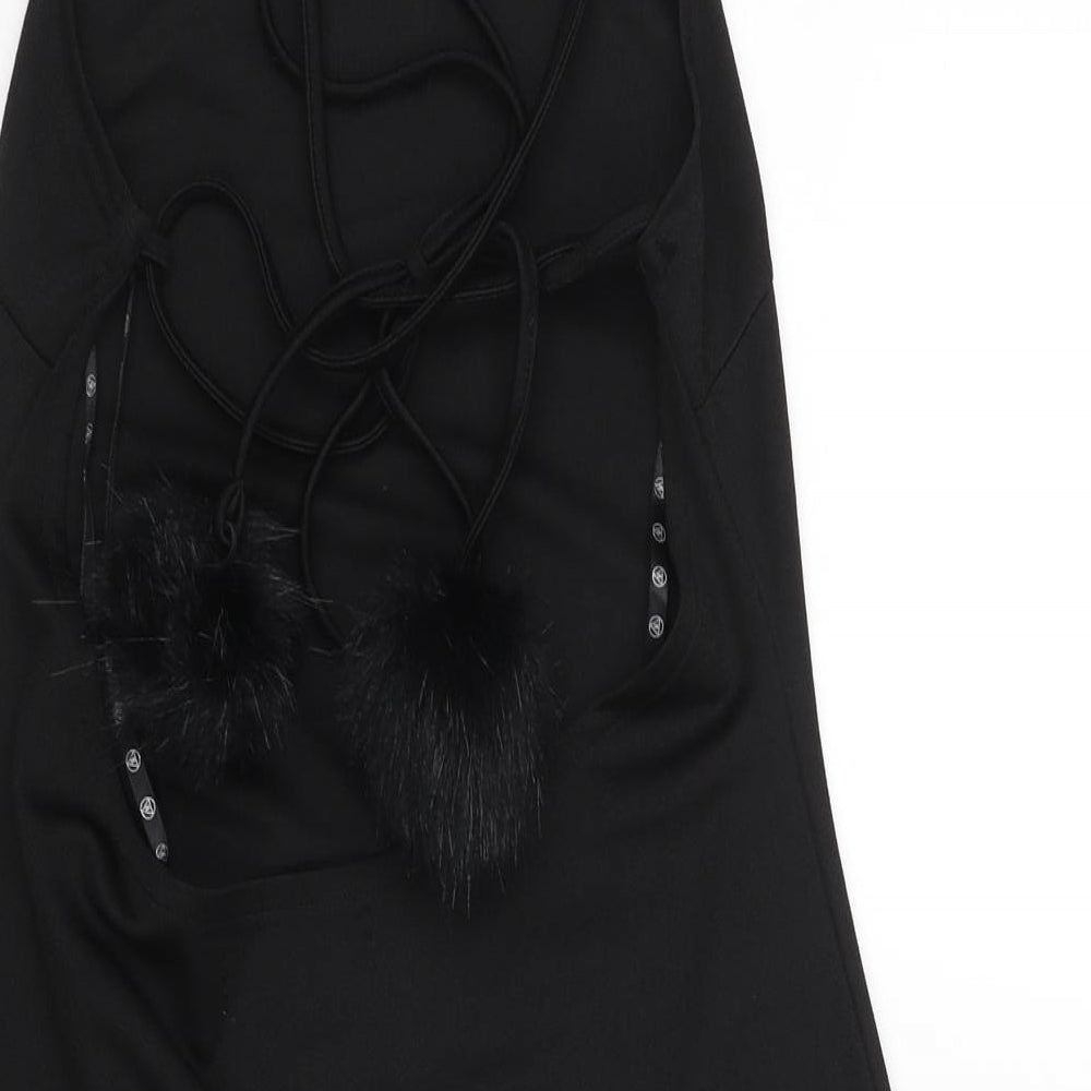 Missguided Womens Black Polyester Mini Size 10 Square Neck Lace Up - Open Back Pom Pom