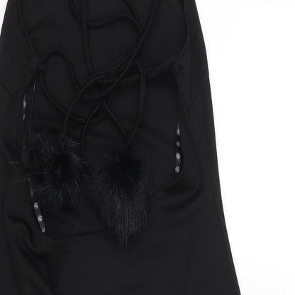 Missguided Womens Black Polyester Mini Size 10 Square Neck Lace Up - Open Back Pom Pom