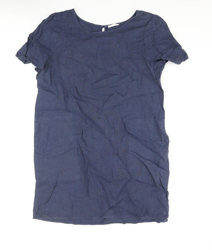 GLAM Womens Blue Linen Shift Size M Round Neck Button