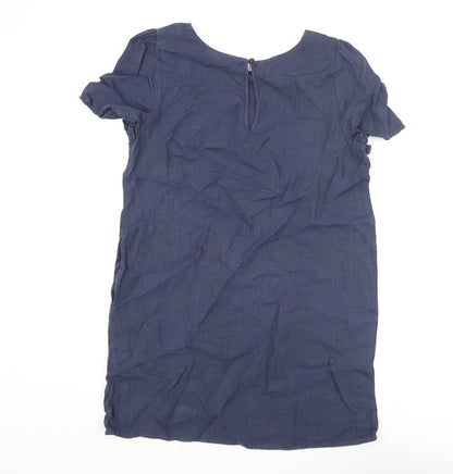 GLAM Womens Blue Linen Shift Size M Round Neck Button
