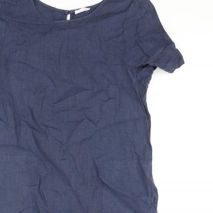 GLAM Womens Blue Linen Shift Size M Round Neck Button