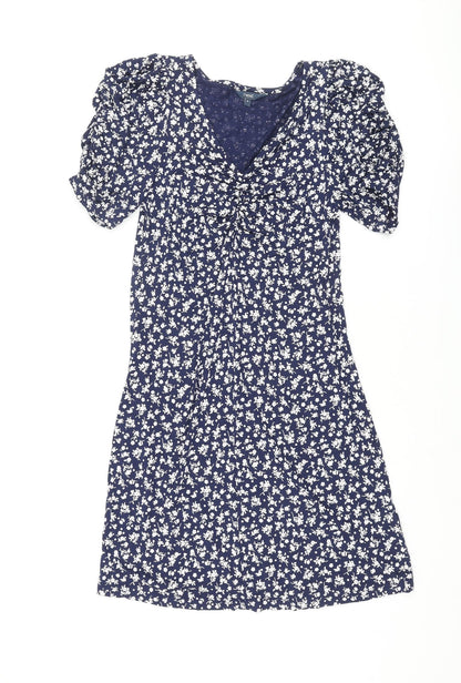 NEXT Womens Blue Floral Viscose Shift Size 8 V-Neck Pullover - Rouched Sleeve
