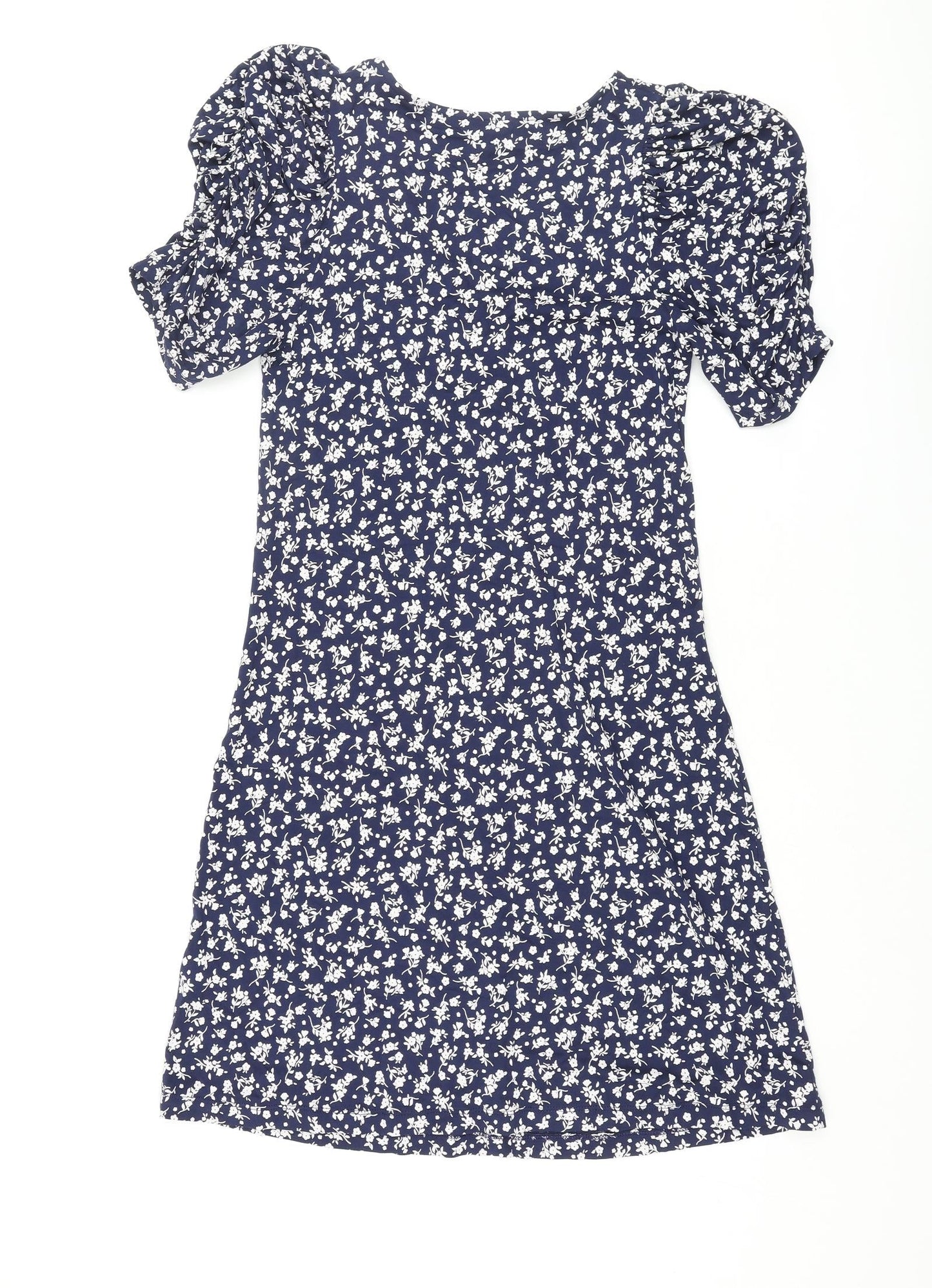 NEXT Womens Blue Floral Viscose Shift Size 8 V-Neck Pullover - Rouched Sleeve