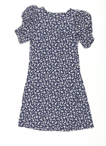 NEXT Womens Blue Floral Viscose Shift Size 8 V-Neck Pullover - Rouched Sleeve