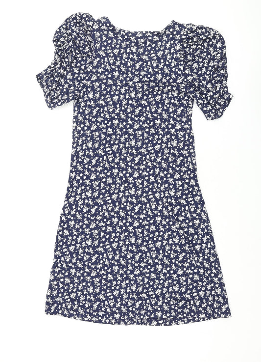 NEXT Womens Blue Floral Viscose Shift Size 8 V-Neck Pullover - Rouched Sleeve