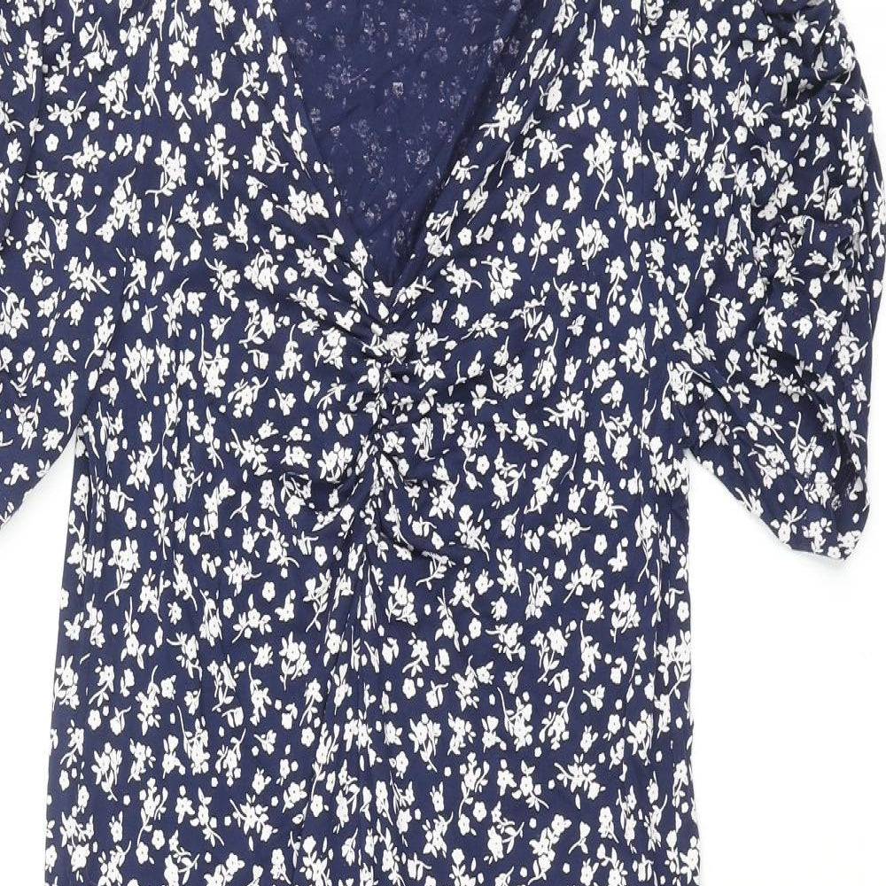 NEXT Womens Blue Floral Viscose Shift Size 8 V-Neck Pullover - Rouched Sleeve
