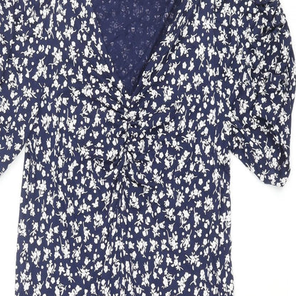 NEXT Womens Blue Floral Viscose Shift Size 8 V-Neck Pullover - Rouched Sleeve