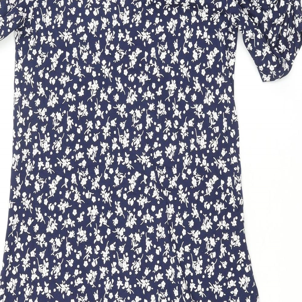 NEXT Womens Blue Floral Viscose Shift Size 8 V-Neck Pullover - Rouched Sleeve