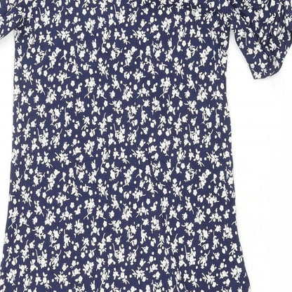 NEXT Womens Blue Floral Viscose Shift Size 8 V-Neck Pullover - Rouched Sleeve