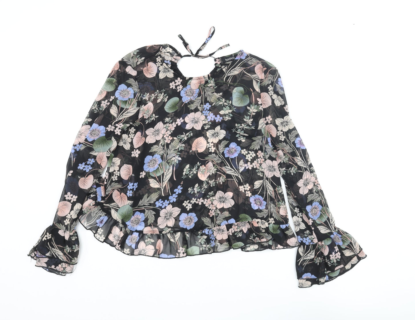 Boohoo Womens Multicoloured Floral Polyester Basic Blouse Size 8 Round Neck - Semi Sheer Frill