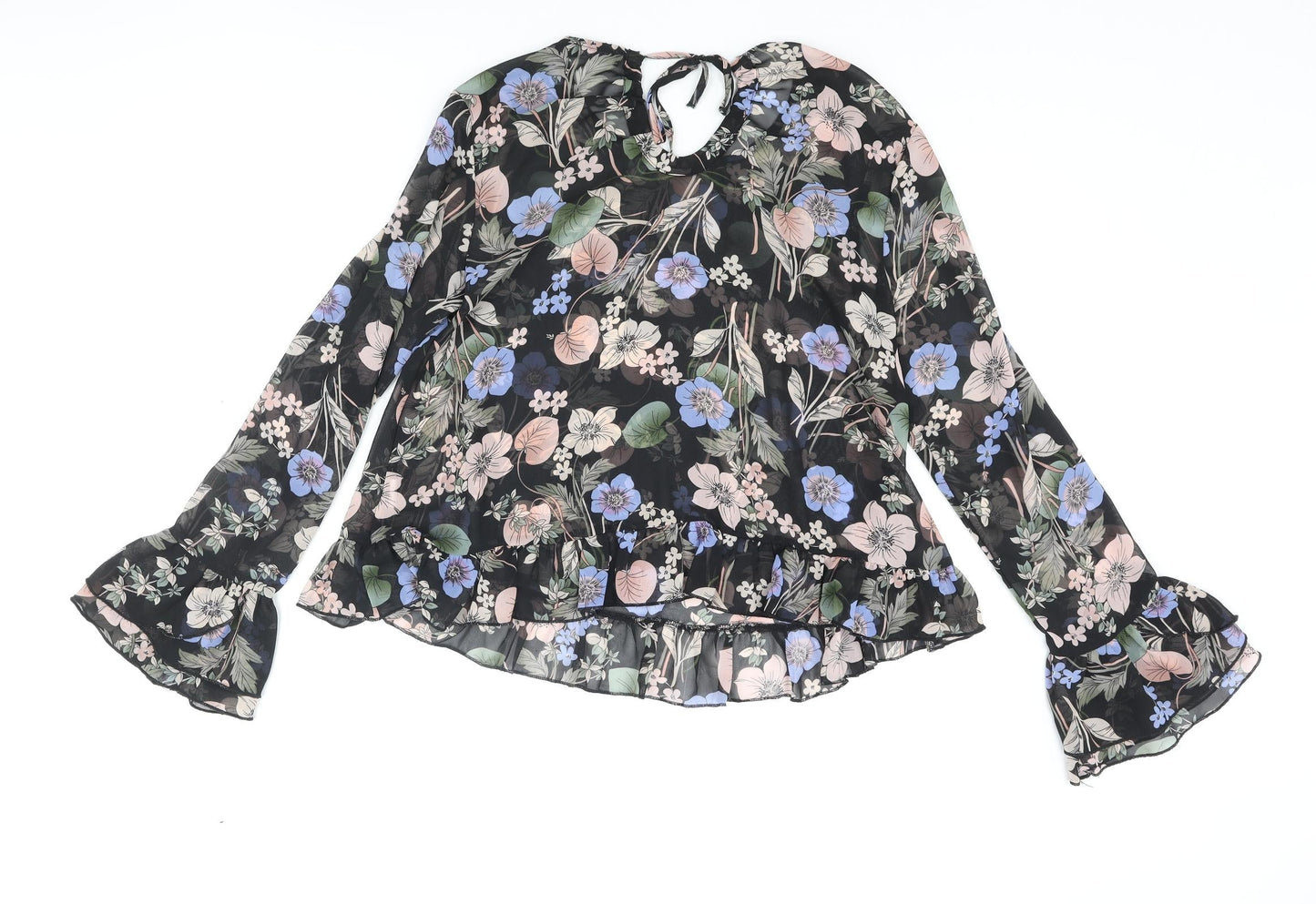 Boohoo Womens Multicoloured Floral Polyester Basic Blouse Size 8 Round Neck - Semi Sheer Frill