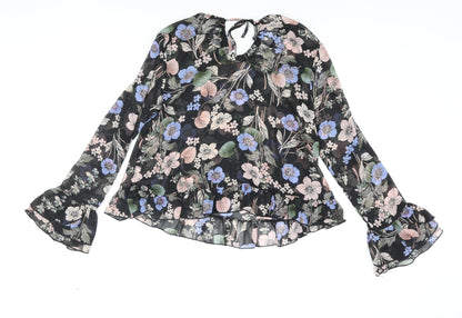 Boohoo Womens Multicoloured Floral Polyester Basic Blouse Size 8 Round Neck - Semi Sheer Frill