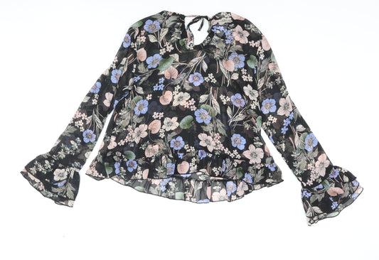Boohoo Womens Multicoloured Floral Polyester Basic Blouse Size 8 Round Neck - Semi Sheer Frill