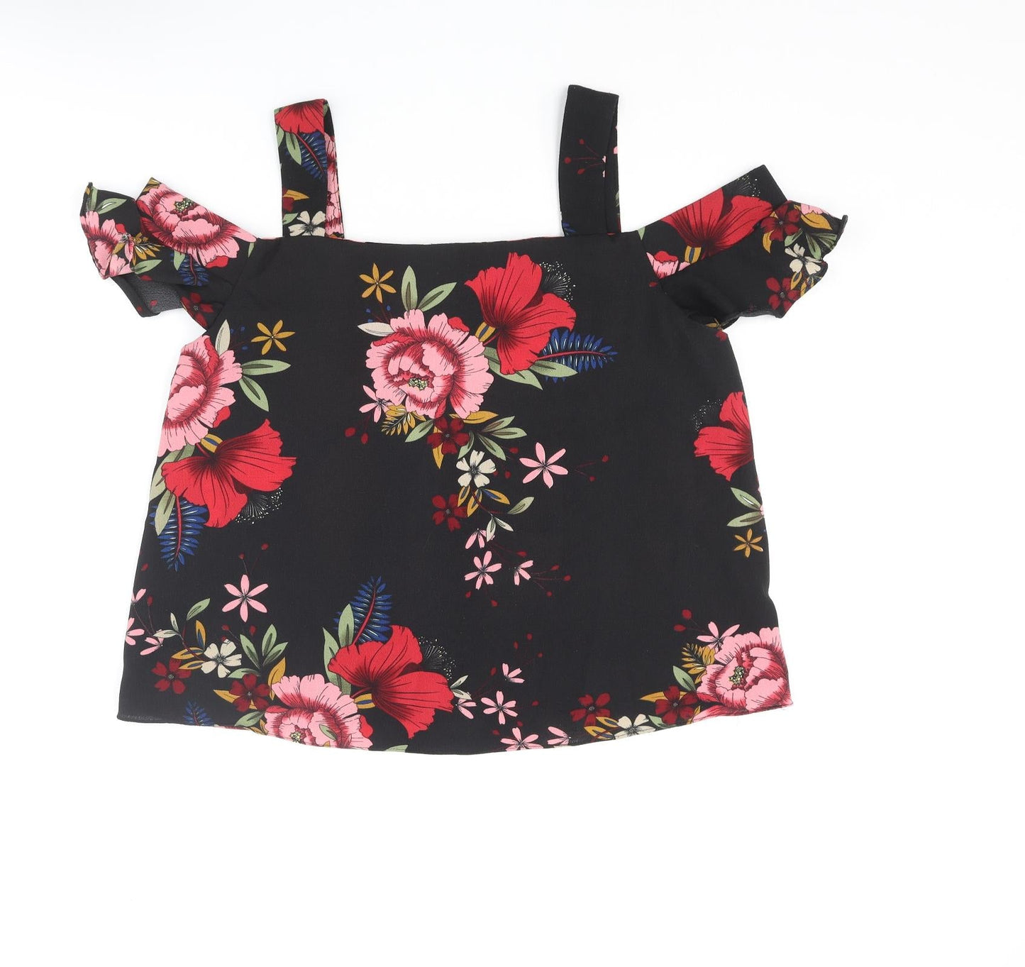 Quiz Womens Black Floral Polyester Basic Blouse Size 12 Square Neck - Cold Shoulder