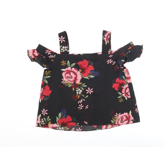 Quiz Womens Black Floral Polyester Basic Blouse Size 12 Square Neck - Cold Shoulder