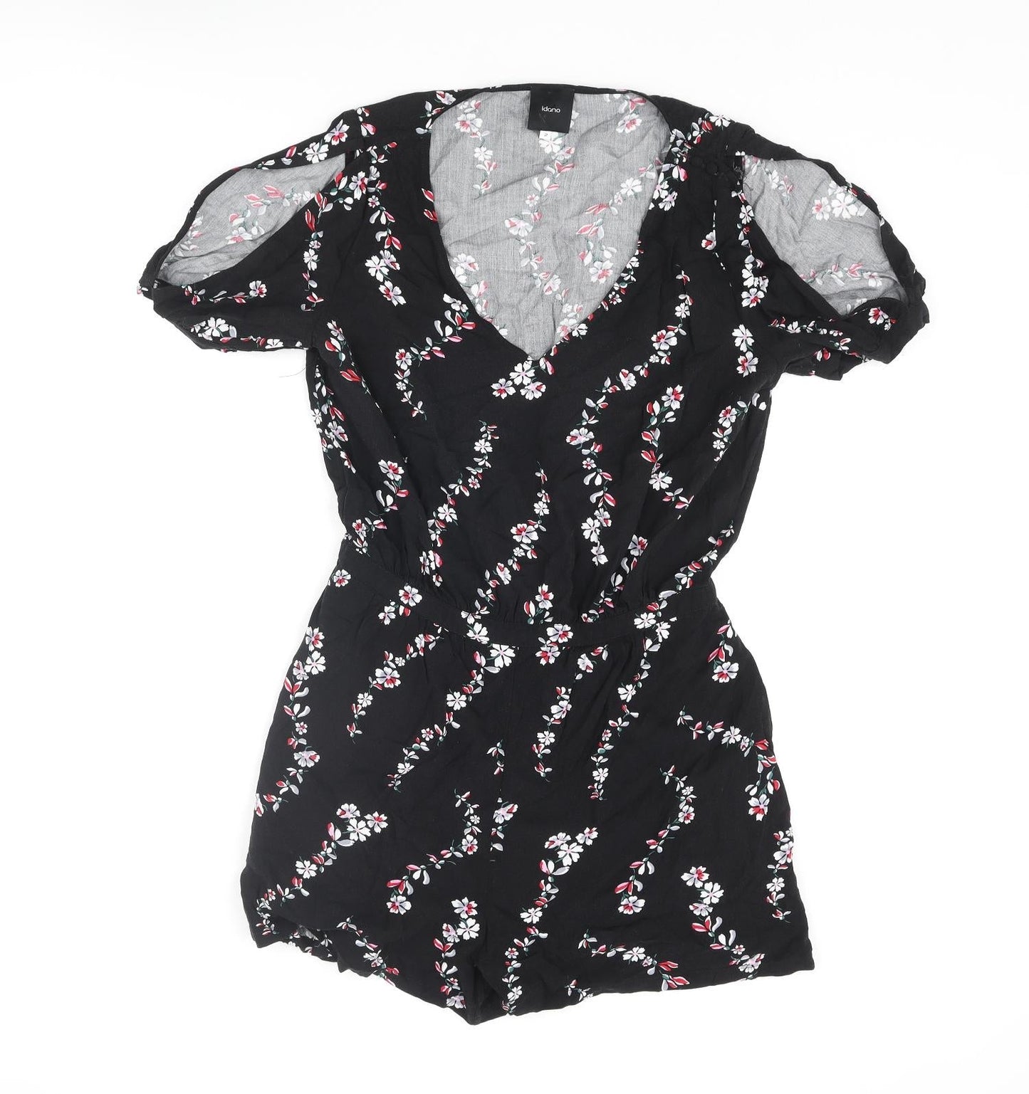 Idano Womens Black Floral Viscose Playsuit One-Piece Size 8 Pullover - Cold Shoulder