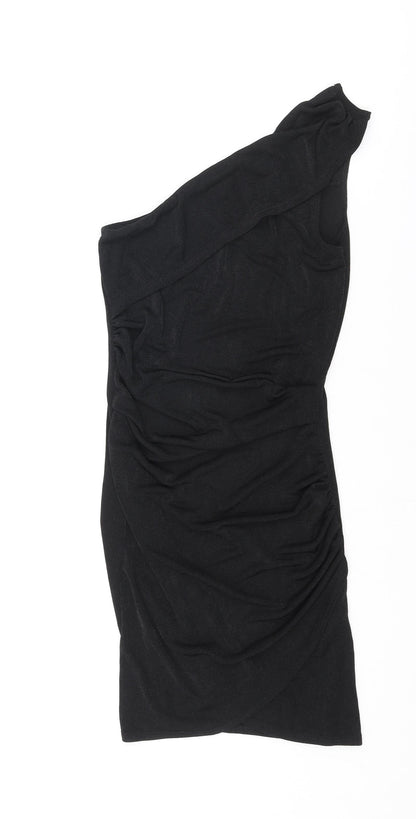 PRETTYLITTLETHING Womens Black Polyester Bodycon Size 8 One Shoulder Pullover - Rouched