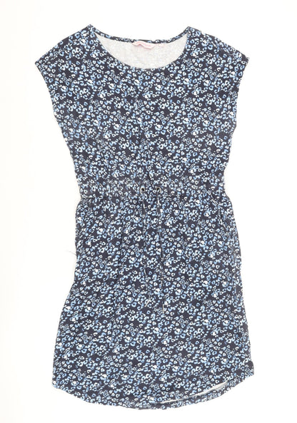 Baand Angels Womens Blue Animal Print Cotton Shift Size 12 Round Neck Pullover - Leopard Print Drawstring Waist