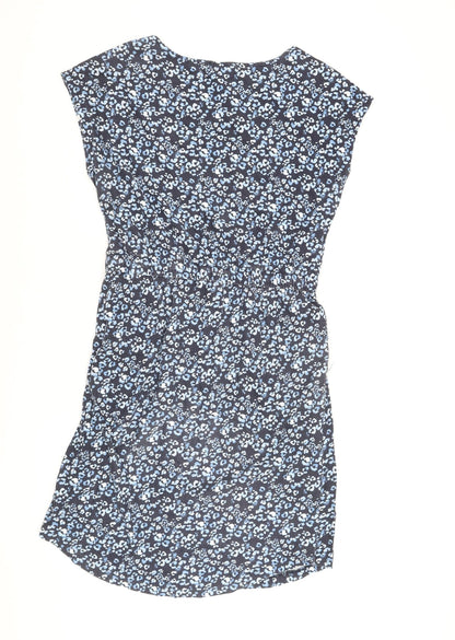 Baand Angels Womens Blue Animal Print Cotton Shift Size 12 Round Neck Pullover - Leopard Print Drawstring Waist
