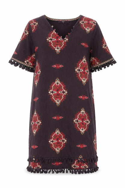 NEXT Womens Brown Geometric Cotton Shift Size 16 V-Neck Pullover - Tassle