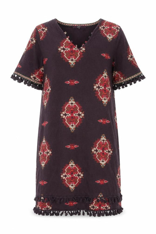 NEXT Womens Brown Geometric Cotton Shift Size 16 V-Neck Pullover - Tassle