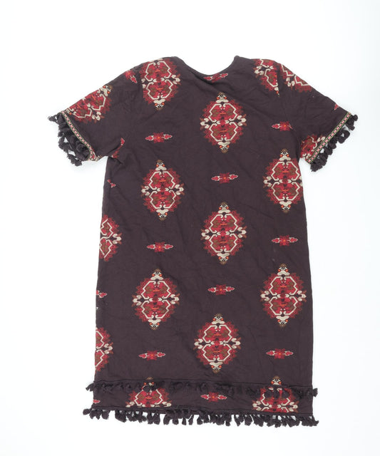 NEXT Womens Brown Geometric Cotton Shift Size 16 V-Neck Pullover - Tassle