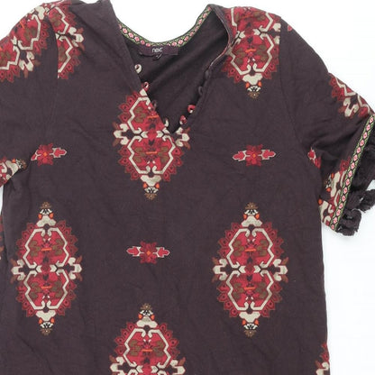 NEXT Womens Brown Geometric Cotton Shift Size 16 V-Neck Pullover - Tassle