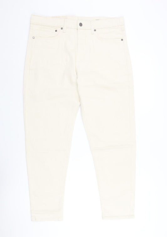 Marks and Spencer Mens Ivory Cotton Tapered Jeans Size 34 in L29 in Regular Zip