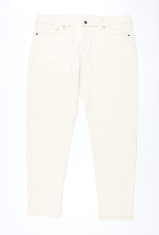 Marks and Spencer Mens Ivory Cotton Tapered Jeans Size 38 in L31 in Regular Zip