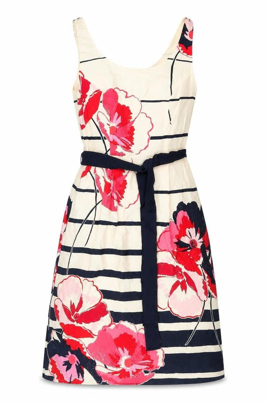 Front view of Kaliko women’s multicoloured floral polyester a-line, size S, scoop neck zip - belted striped