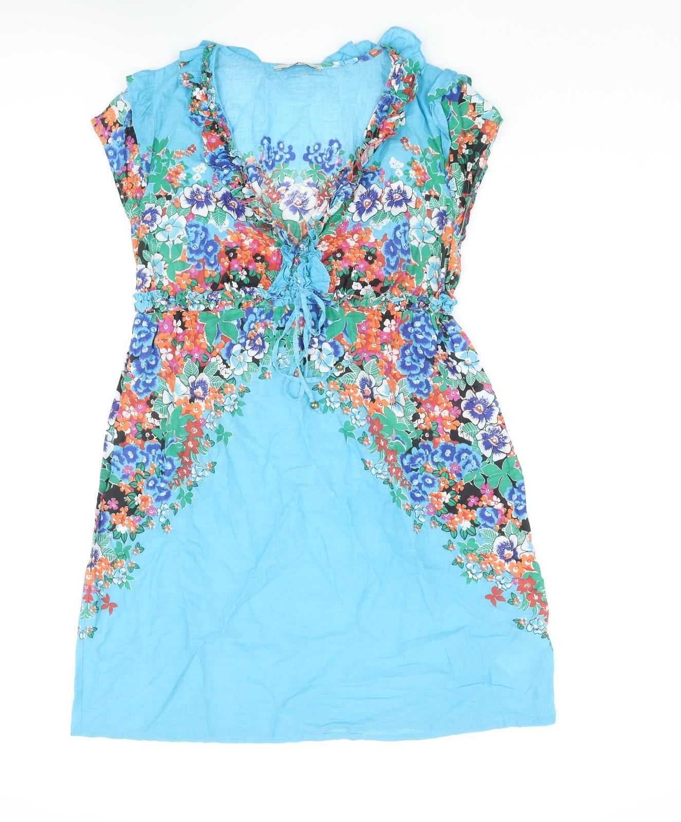 Oasis Womens Blue Cotton A-Line Size 10 V-Neck Pullover - Floral Print Frill Bow