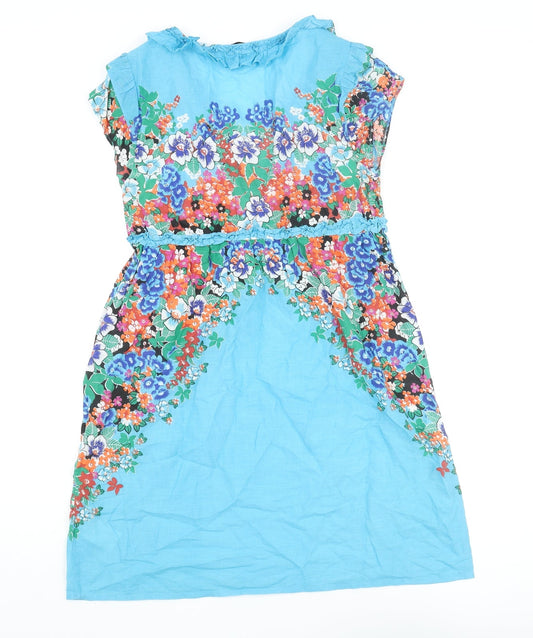 Oasis Womens Blue Cotton A-Line Size 10 V-Neck Pullover - Floral Print Frill Bow