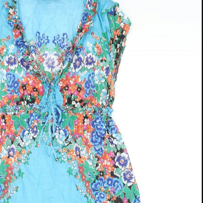 Oasis Womens Blue Cotton A-Line Size 10 V-Neck Pullover - Floral Print Frill Bow