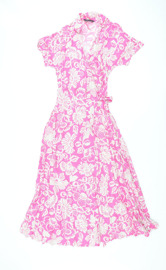 Marks and Spencer Womens Pink Floral Viscose Wrap Dress Size 6 V-Neck Tie