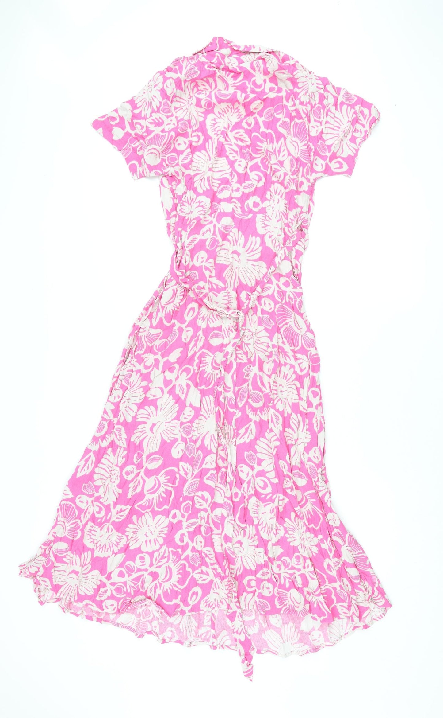 Marks and Spencer Womens Pink Floral Viscose Wrap Dress Size 6 V-Neck Tie